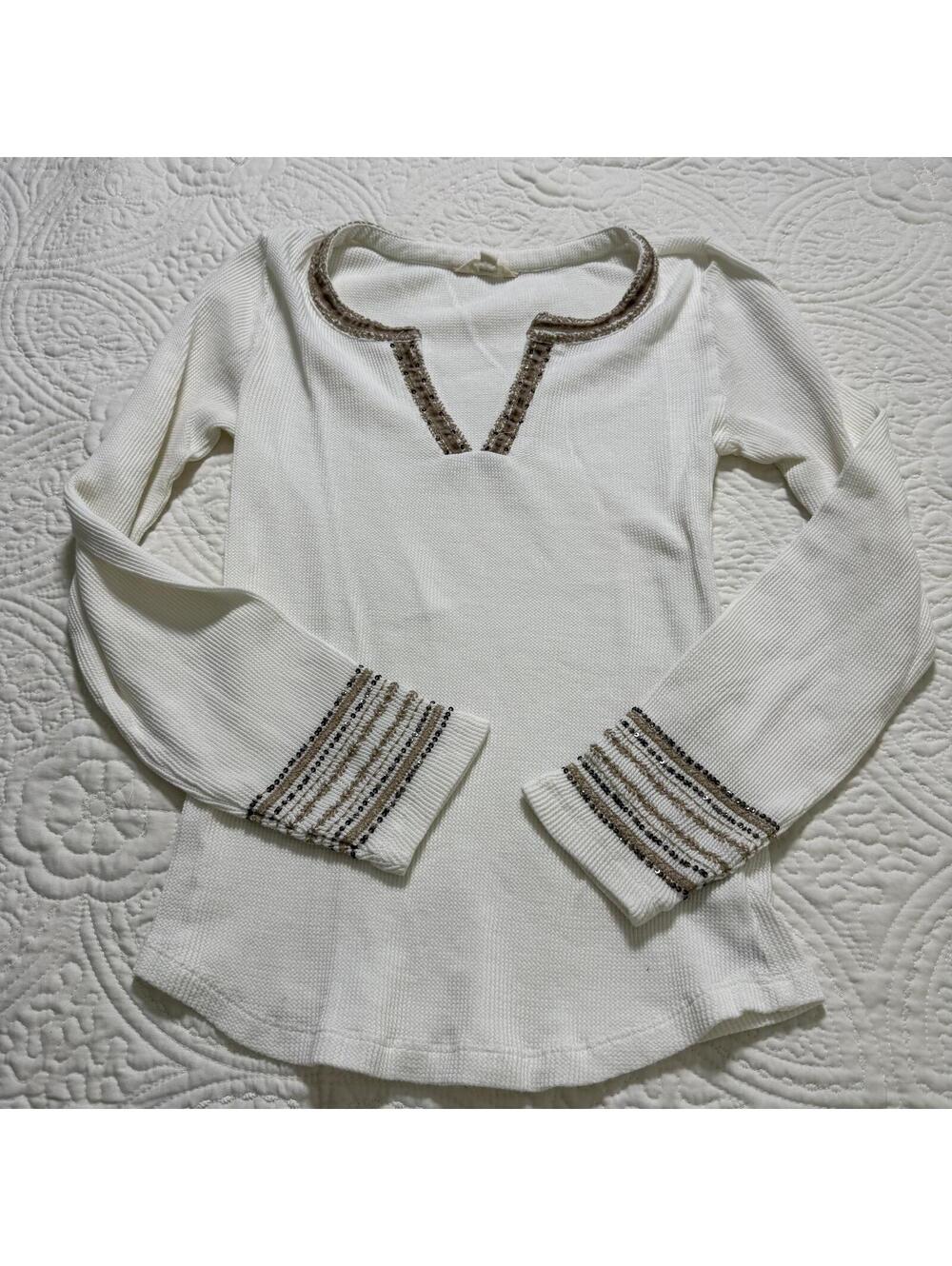 LUCKY BRAND SZ S Embellished Bead/Velvet trim Vneck henley waffle knit L/S Shirt